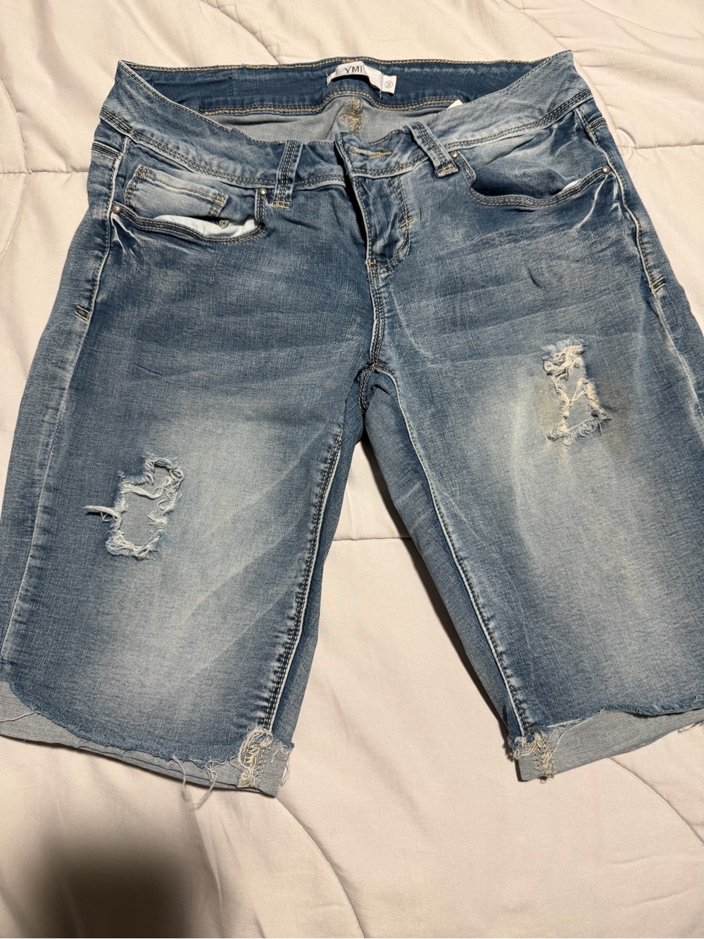 YMI Light Blue Distressed Denim Bermuda Shorts